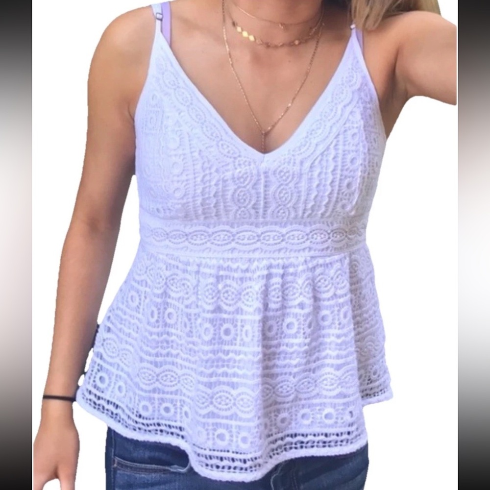 Abercrombie & Fitch Y2K Babydoll White Crochet Lace Peplum Cami Top SZ.S